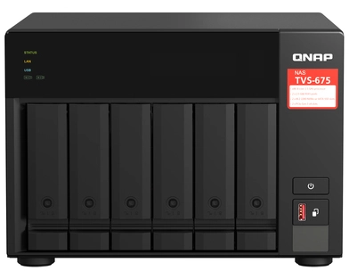 QNAP TVS-675. Type: NAS. Chassis type: Tower. Device class: Small & Medium Business. Processor family: ZhaoXin KaiXian KX-6000, Processor model: KX-U6580, Processor frequency: 2.5 GHz. Internal memory: 8 GB, Internal memory type: DDR4. Total installed storage capacity: 0 TB. Operating system installed: QuTS hero