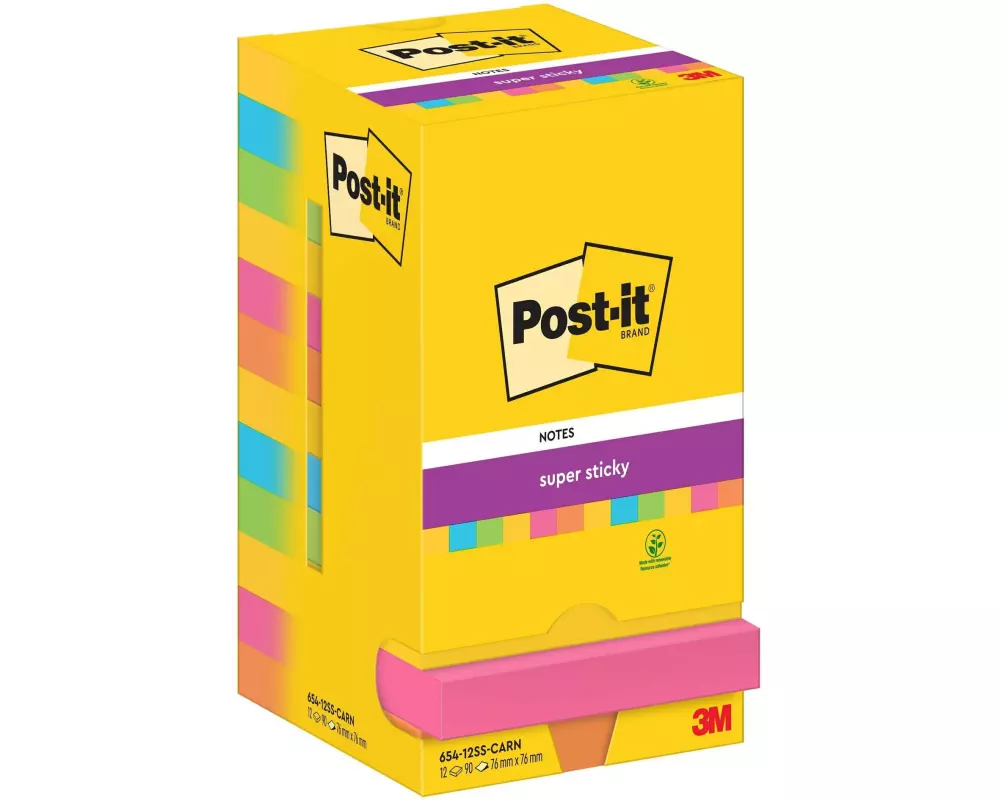 Post-it Notizzettel Super Sticky 76 x 76 mm, Mehrfarbig, 12 Blöcke