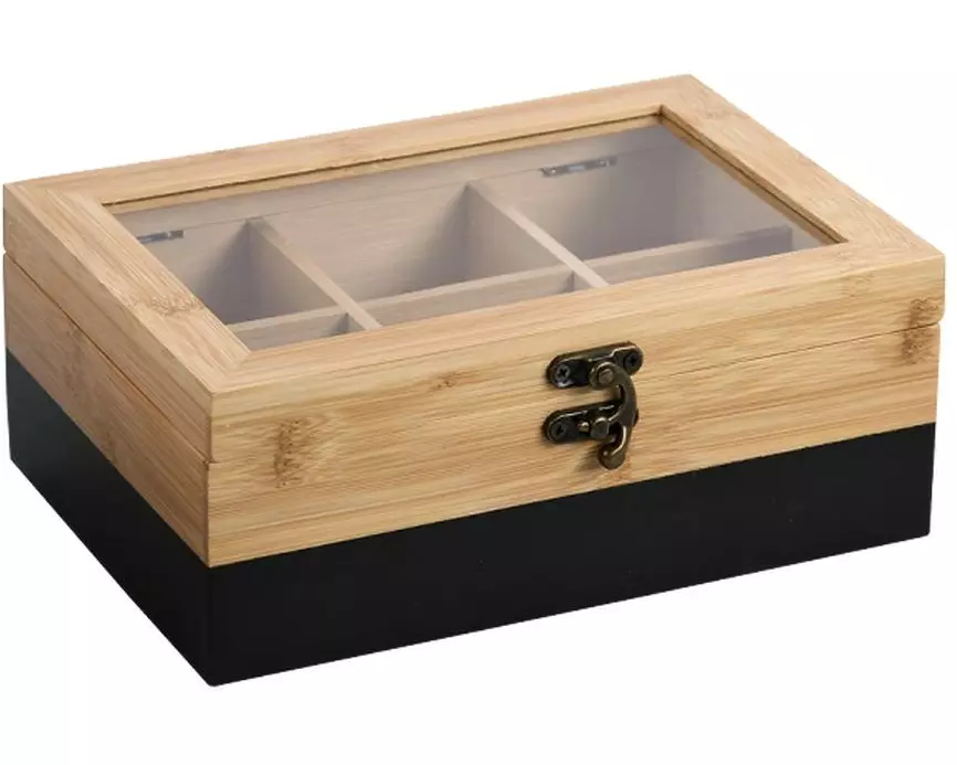 Kesper Tee-Box Bambus Schwarz 6 Fächer Sichtfenster