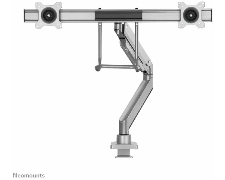 NEOMOUNTS Monitor Dual-Deskmount with Crossbar 10-32inch Full Motion Gasspring Tilt Rotate Swivel Grommet/Clamp silver