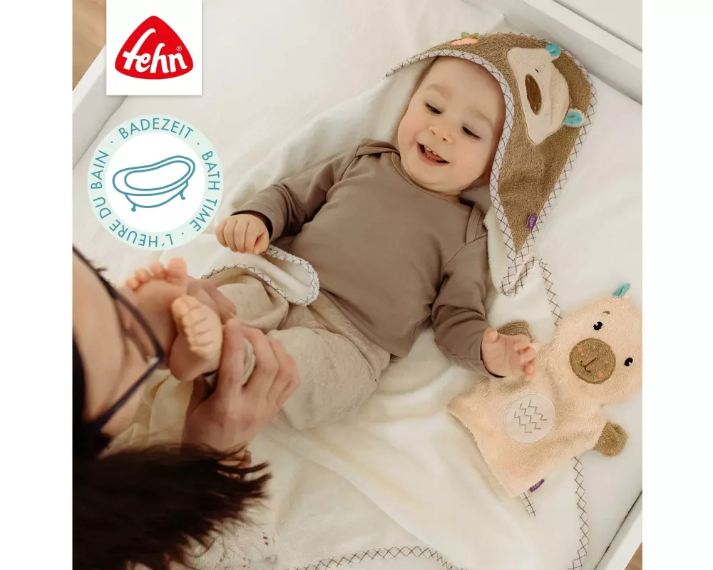 fehn Baby-Kapuzentuch Capybara, Beige / Braun, 80 x 80 cm