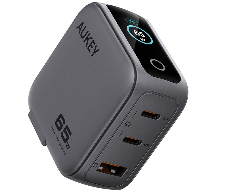 AUKEY Travel Wallcharger 65W PA-B8U Display, 2xUSB-C, 1x USB-A,
