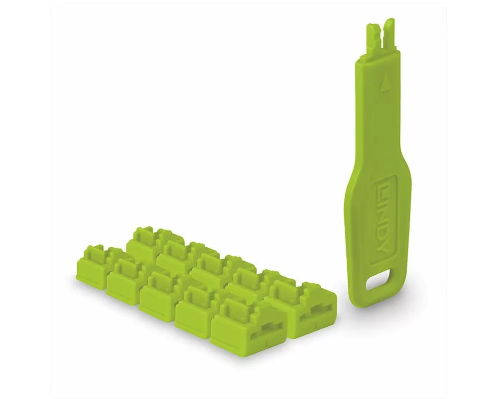 LINDY RJ45 Port Locks, Green, 10x + 1 Key