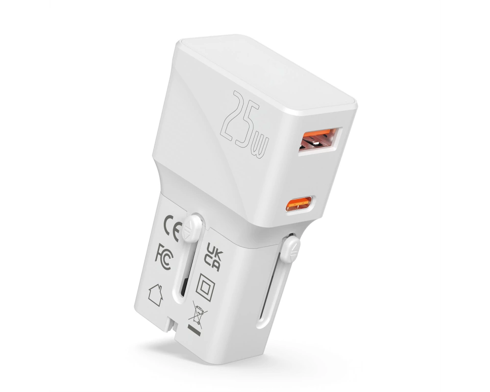VALUE USB Reise-Charger mit Euro-Flach-/UK-/US-Stecker, 2 Port (Typ-A QC3.0, Typ-C PD), 25W