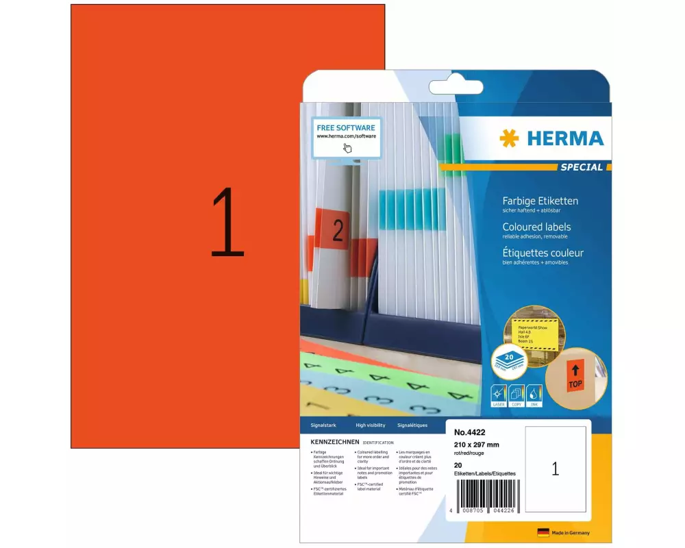 HERMA Universal-Etiketten A4 Ablösbar 210 x 297 mm Rot, 20 Blatt