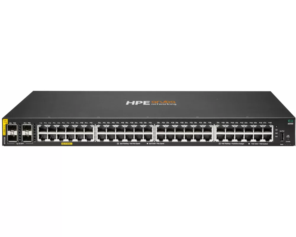 HPE Aruba 6000 Switch, 48G, 4 SFP Ports, PoE C4 740W, ACL, QoS, OSPF Routing, VSF Stacking, Analytics Engine, CX Mobile App, N