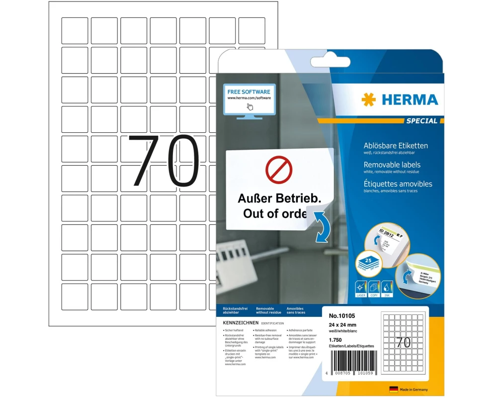 HERMA Ablösbare Etiketten A4, 24 x 24 mm, weiss, 1750 Etiketten