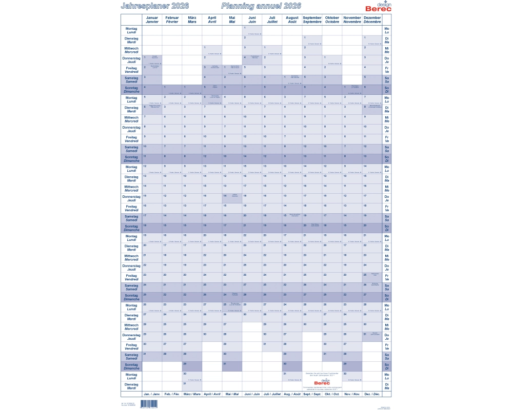 Berec Jahresplaner im Hochformat, 2026