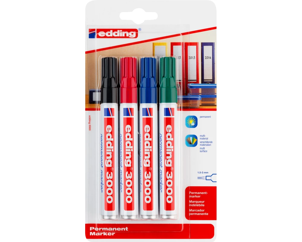EDDING Permanent Marker 3000 1.5-3mm 3000BLI-1234 4 Farben ass. Blister