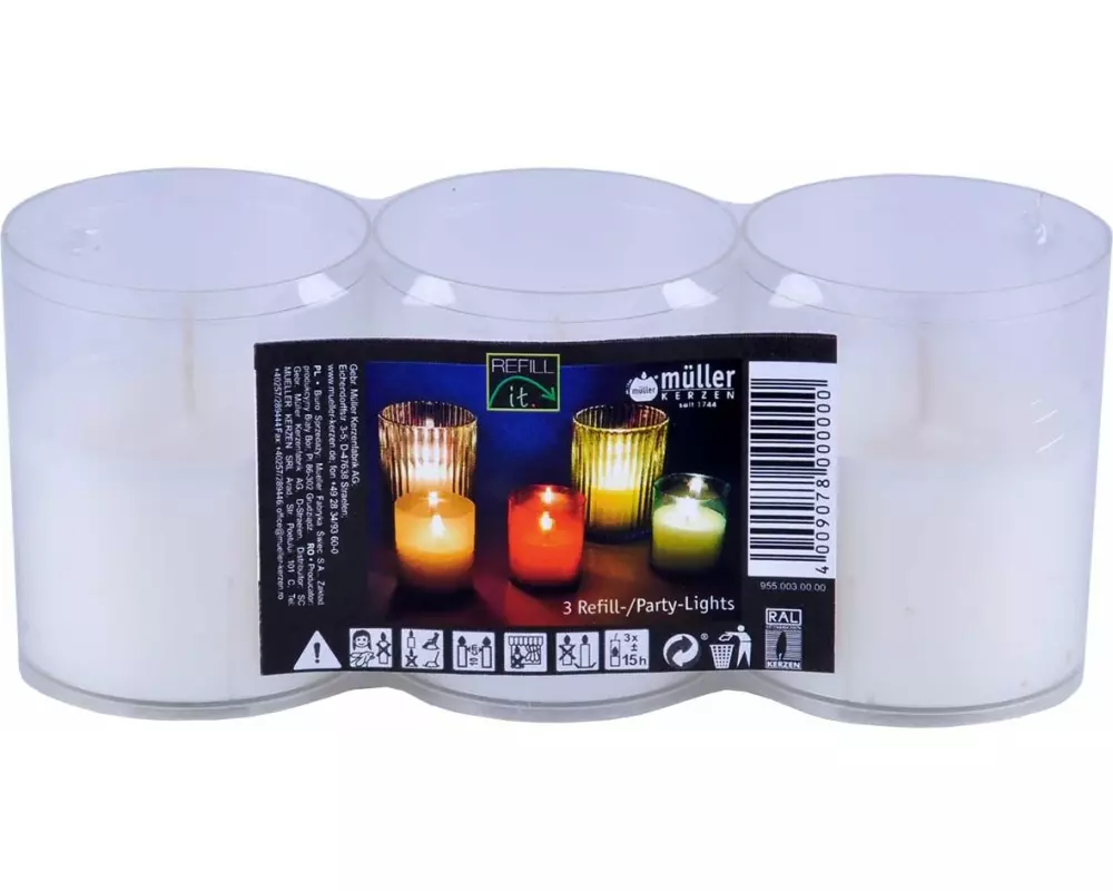 müller Kerzen Refill-it Partylicht 6.5 x 5.2 cm, Weiss, 3 Stück
