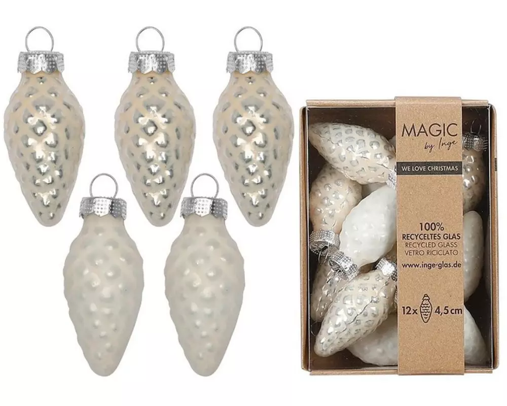 INGES CHRISTMAS DECOR Weihnachtskugel Zapfen 4.5 cm Alt Weiss, 12 Stück