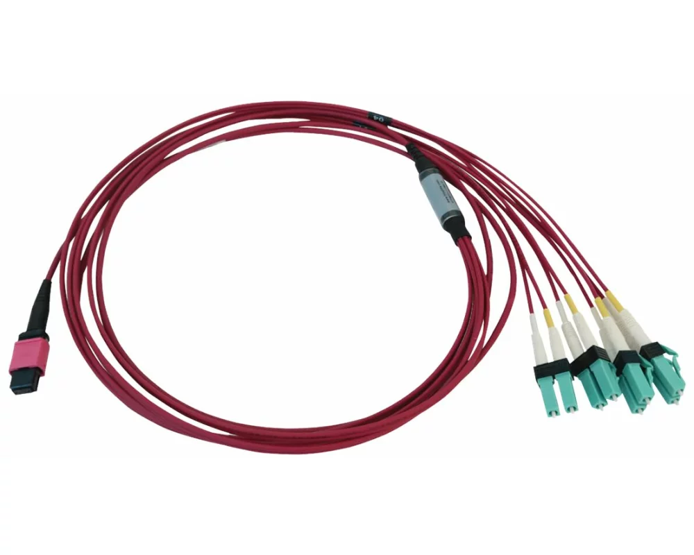 EATON TRIPPLITE 40/100G, Multimode, 50/125, OM4, Optic Cable, 12F, MTP/MPO-PC to 4x Duplex, LC/PC, F/M, LSZH, Magenta, 2m 6.6ft.