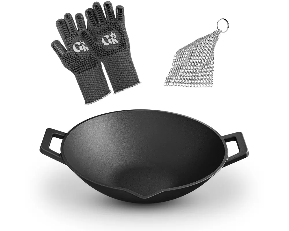 Gusskoenig Wok 35 cm mit Reiniger, Handschuhe