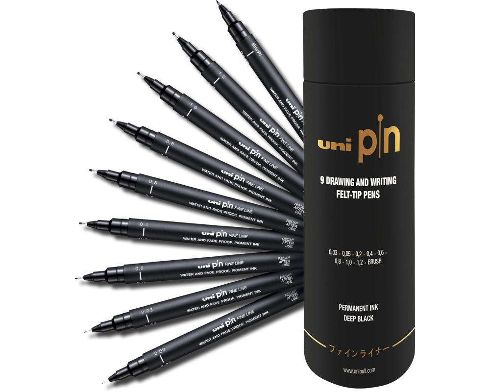 UNI-BALL Fineliner Pin Set PIN2009P schwarz, Tube 9 Stück