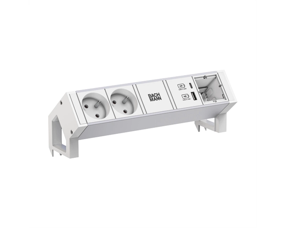 BACHMANN DESK2 ALU WHITE 2xUTE 1xCM 1xUSB A/C 22W 0,2m GST18