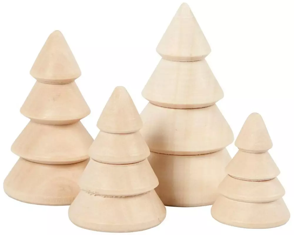 Creativ Company Holzartikel 2.3 + 3 + 3.2 + 4 cm Weihnachtsbäume, 4 Stück