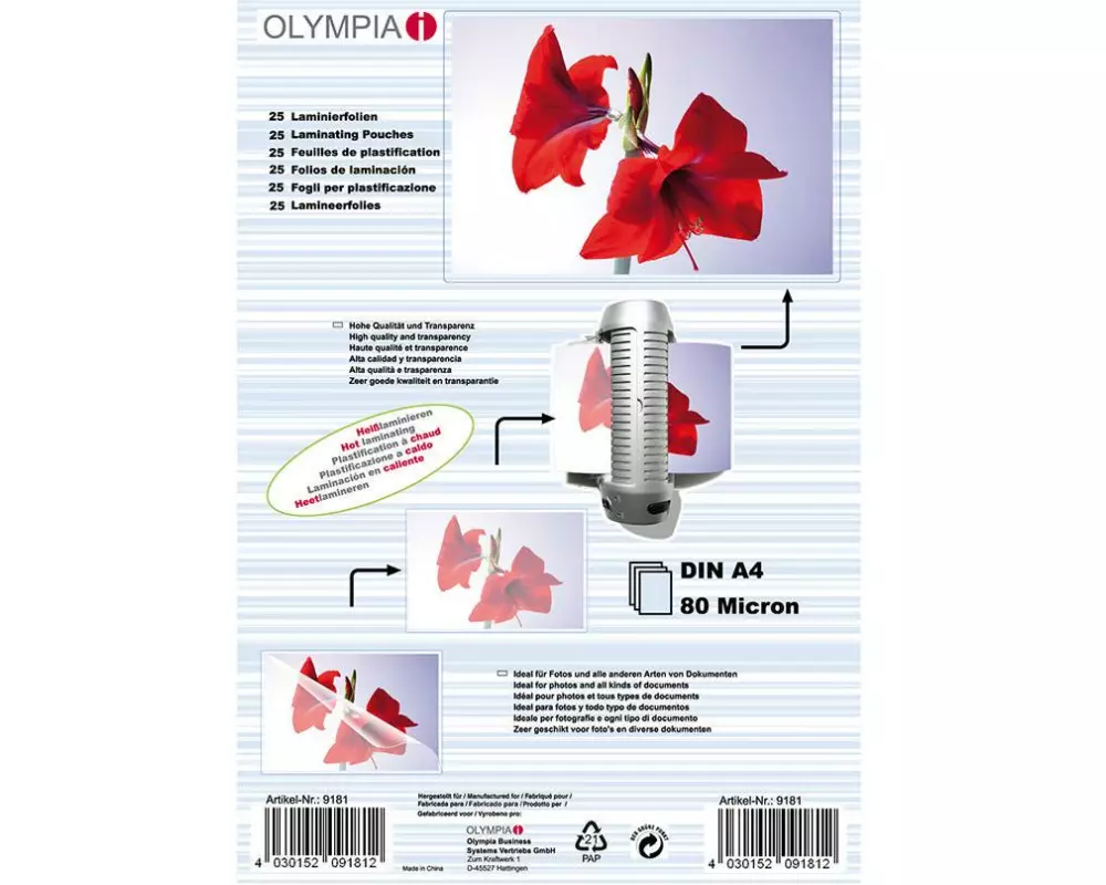 Olympia Laminierfolie A4, 80 µm, 25 Stück, Glänzend
