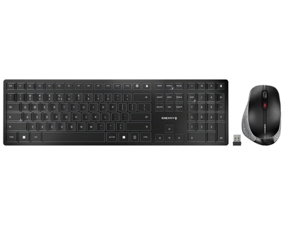 CHERRY DW 9500 SLIM. Keyboard style: Straight. Connectivity technology: Wireless, Device interface: RF Wireless + Bluetooth, Keyboard key switch: Scissor key switch, Keyboard layout: AZERTY, Keyboard number of keys: 111. Cable length: 1.2 m. Recommended usage: Universal. Product colour: Black, Grey. Mouse included