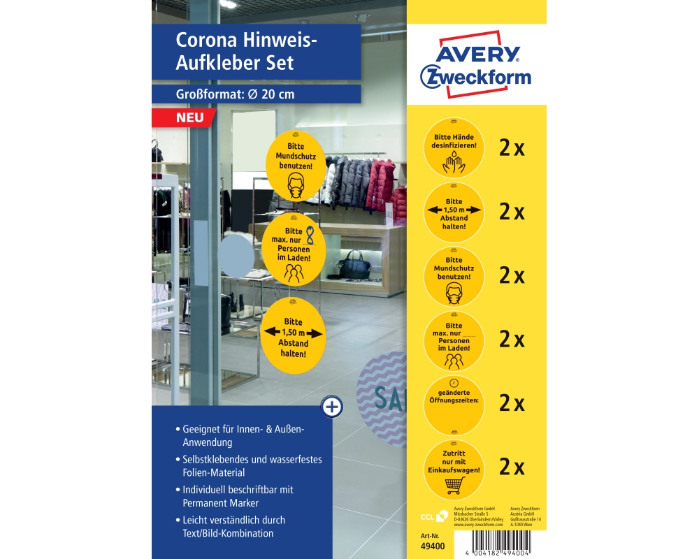 AVERY ZWECKFORM Hinweis-Aufkleber DE 20cm 49400Z Set für Handel 12 Stück