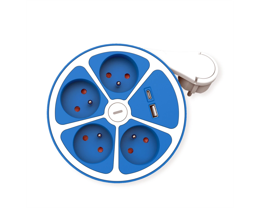 ROLINE 4-fach Steckdosenleiste mit Schalter, rund, UTE Version, USB-Charger A+C, blau, 3 m