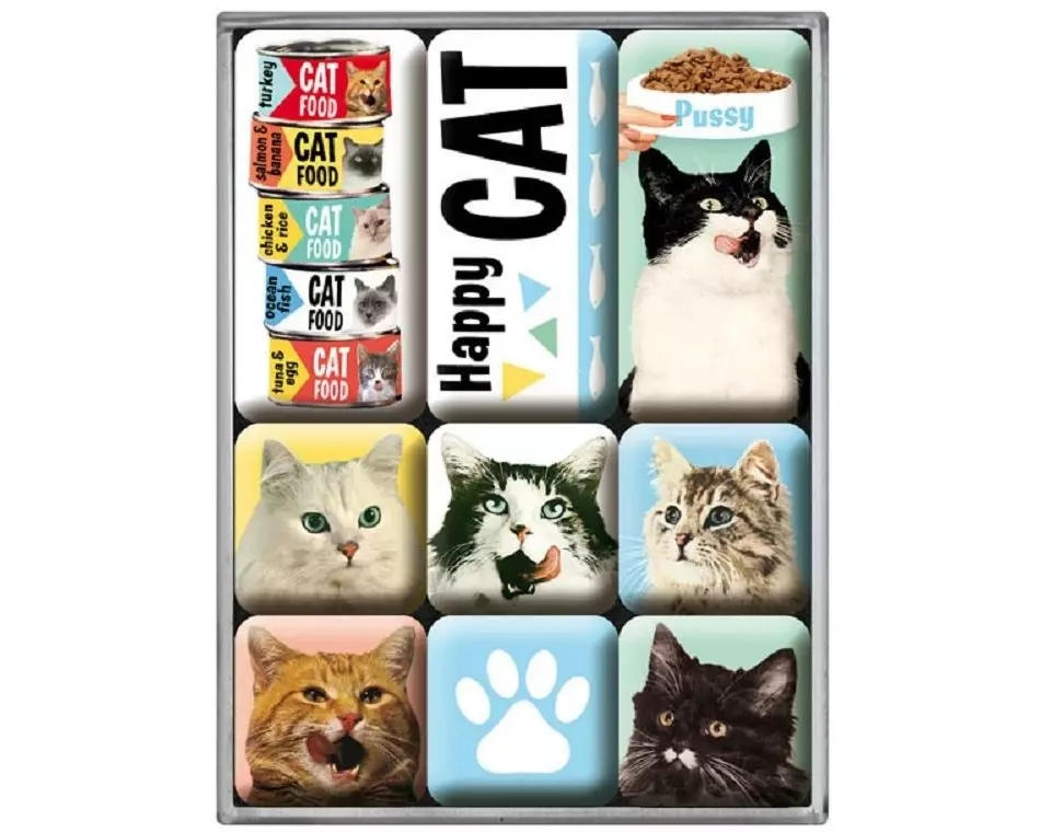 Nostalgic Art Magnet-Set Happy Cat 9 Stück, Mehrfarbig
