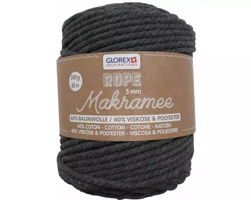 Glorex Wolle Makramee Rope gedreht 5 mm, 500 g, Anthrazit