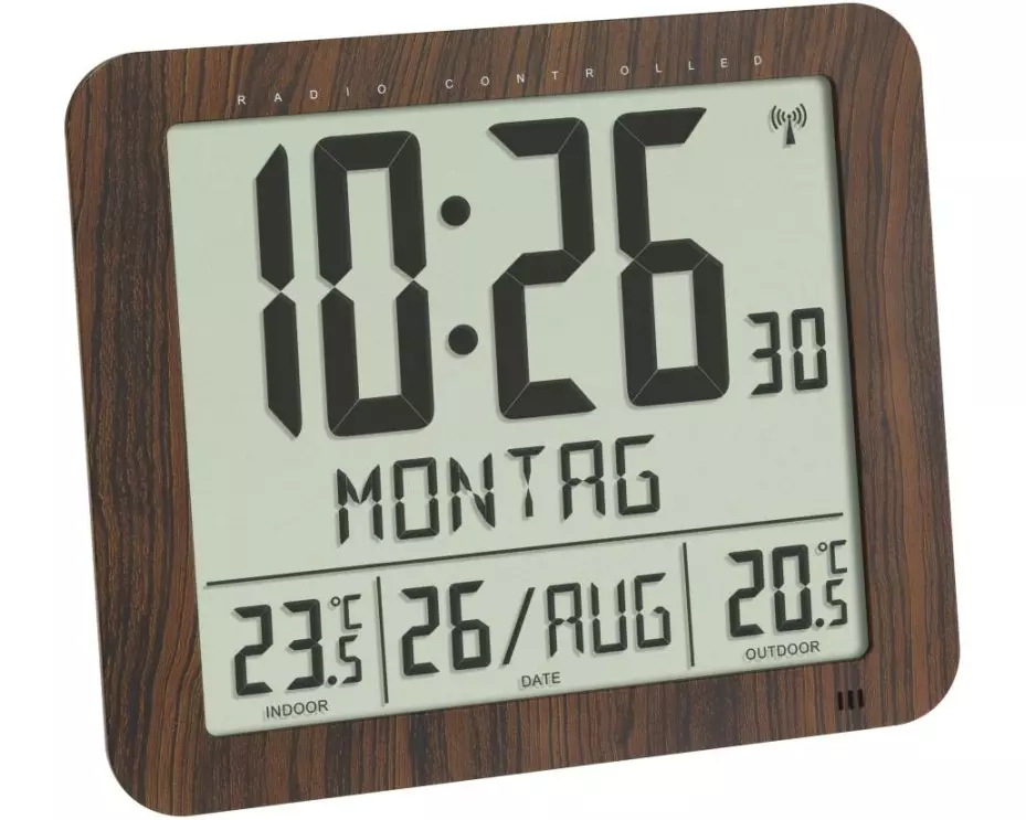 TFA Dostmann Funkuhr Digital in Holzoptik mit Temperaturalarm