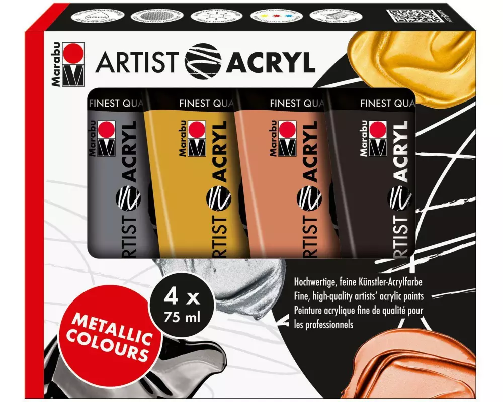 Marabu Acrylfarbe Artist 4x 75 ml, Gold/Kupfer/Schwarz/Silber