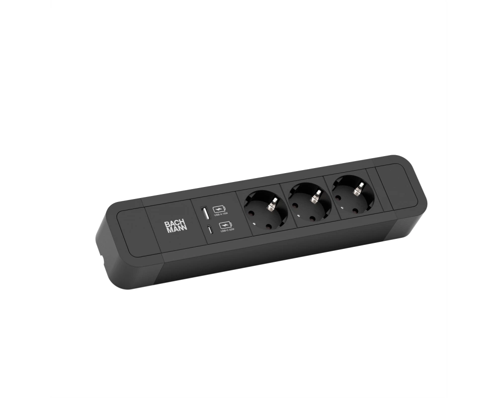 BACHMANN PRIMO2 Steckdosenleiste 3x Schutzkontakt, Aluminium, USB Charger A&C, schwarz, 2 m