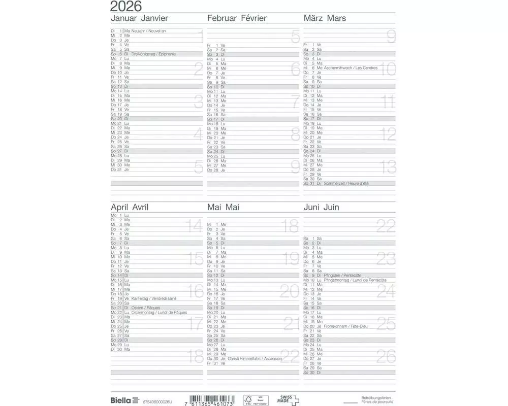 Biella Tafelkalender Tafelkalender I D/F, A4, 6 Monate pro Seite