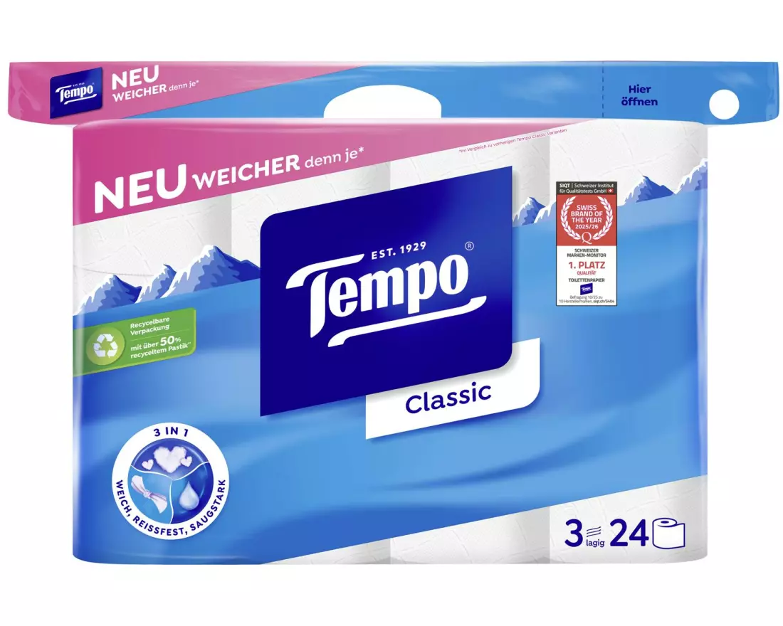Tempo Toilettenpapier Classic Rollen, 3-lagig, Weiss