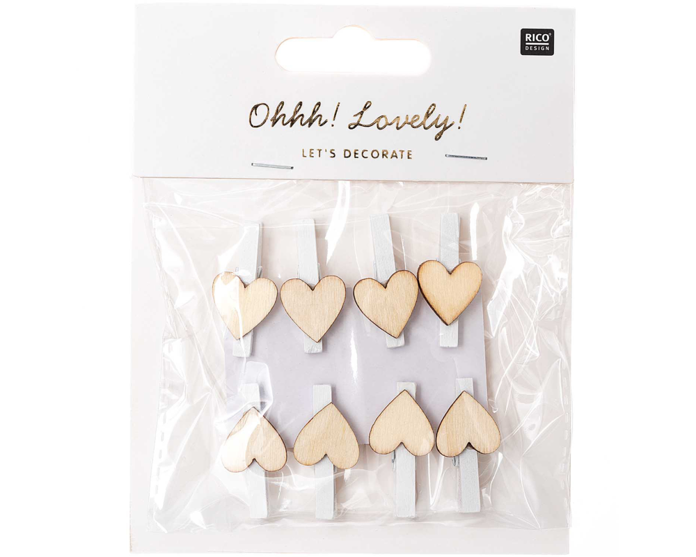 RICO DESIGN Dekoklammern Herz 7040.26.39 weiss-natur, 8 Stück, 3cm