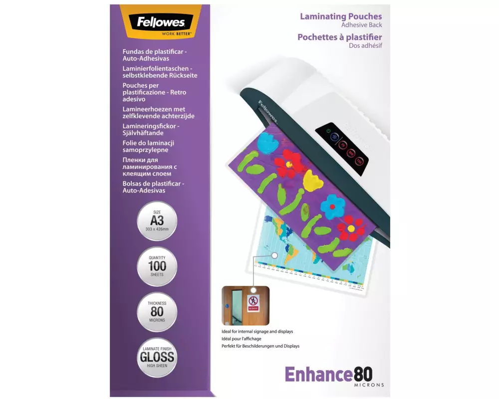 Fellowes Laminierfolie A3, 80 µm, 100 Stück, Glänzend, Selbstklebend