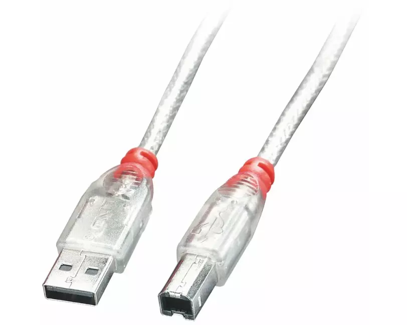 LINDY USB 2.0 Cable A/B, transparent, 5m. Transfer Rate up to 480 MBit/s.