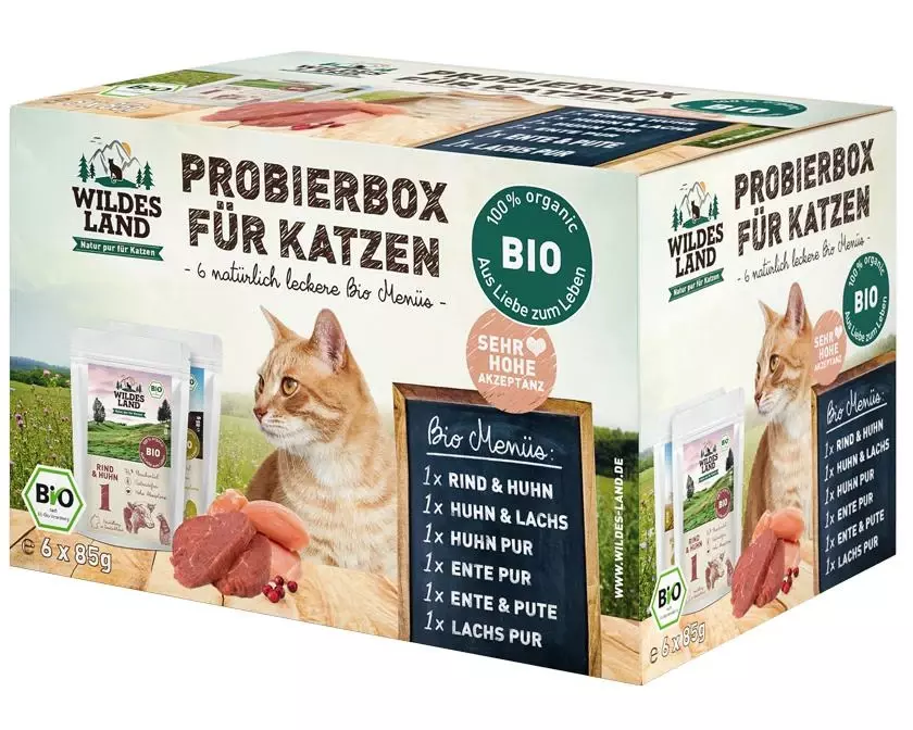 Wildes Land Nassfutter Adult BIO Probierbox, 6 x 85 g
