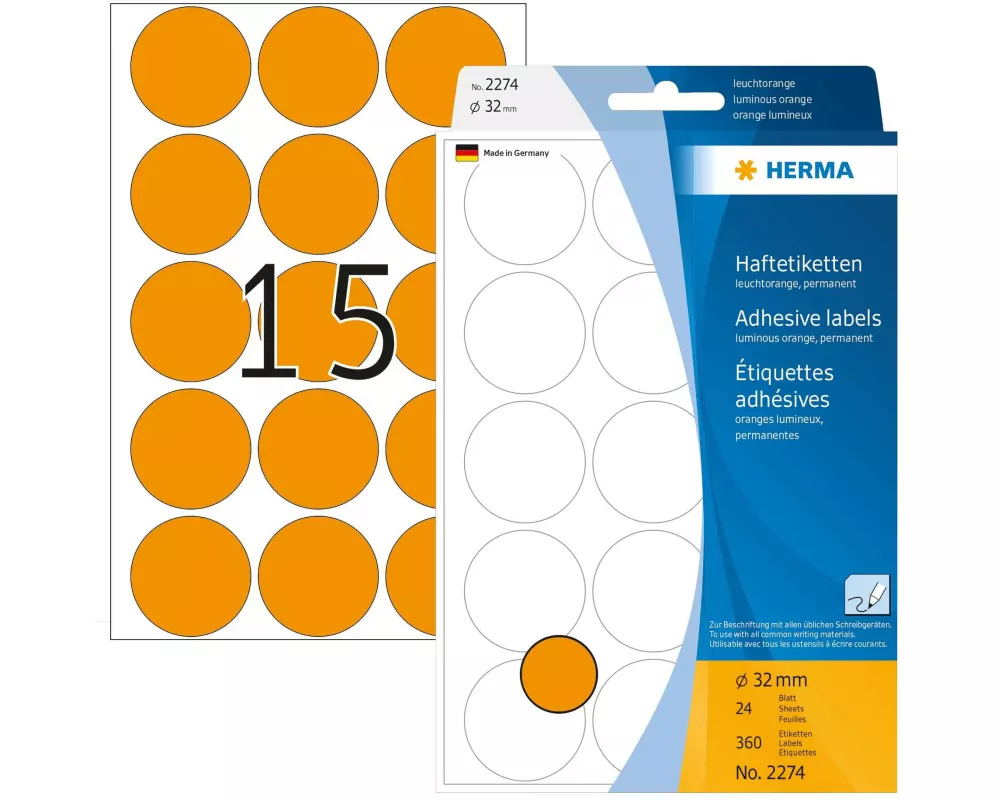 HERMA Vielzweck-Etiketten 2274 Leuchtorange Ø 32 mm, 24 Blatt