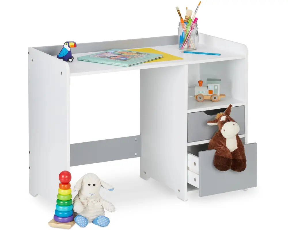 relaxdays Kinderschreibtisch 60 x 80 x 38 cm, MDF, Weiss / Grau