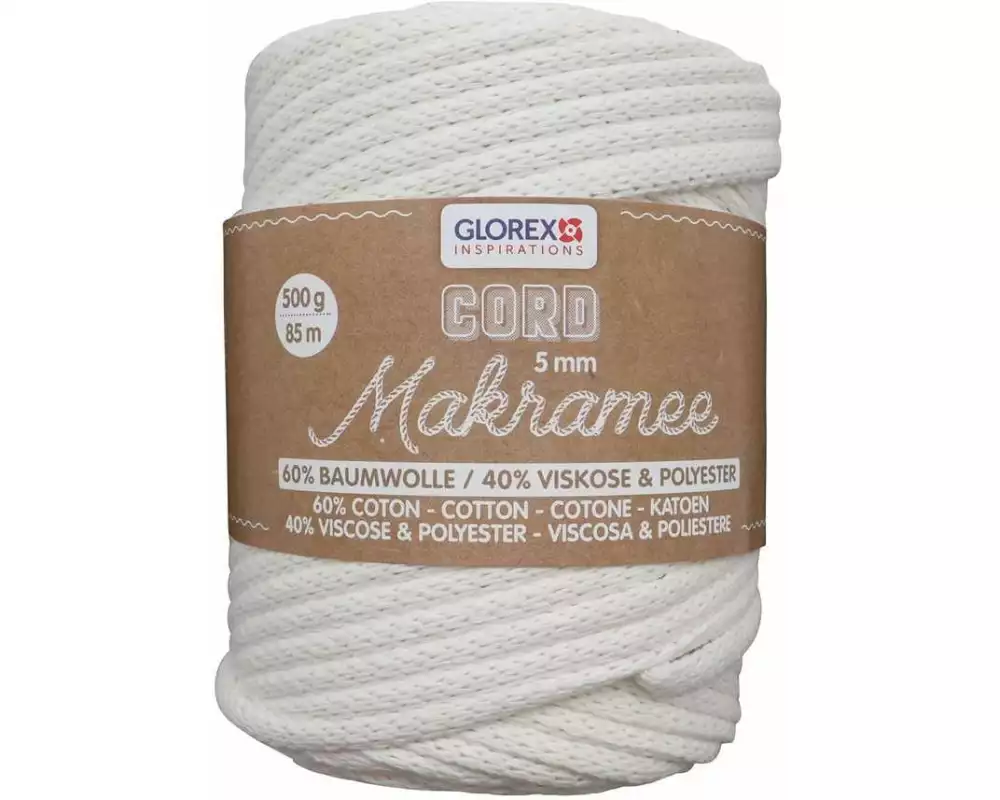 Glorex Wolle Makramee Cord gewebt 85 m x 5 mm, 500 g, Weiss