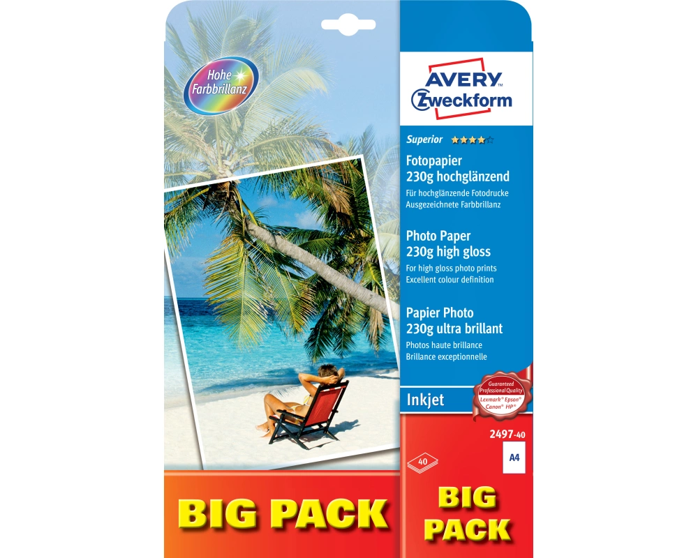 AVERY ZWECKFORM InkJet Fotopapier A4 2497-40 230g,glossy, weiss 40 Blatt