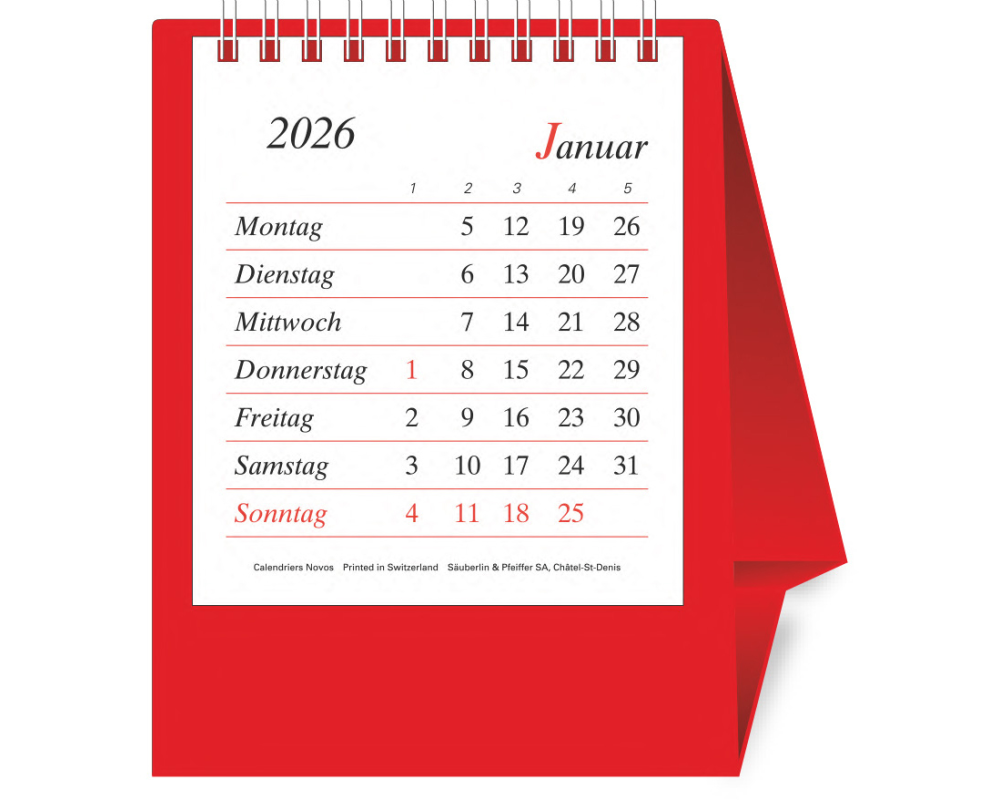 NOVOS Tischkal. Pro Bristol D. 2026 509018 1M/1S rot DE 11.5x14cm