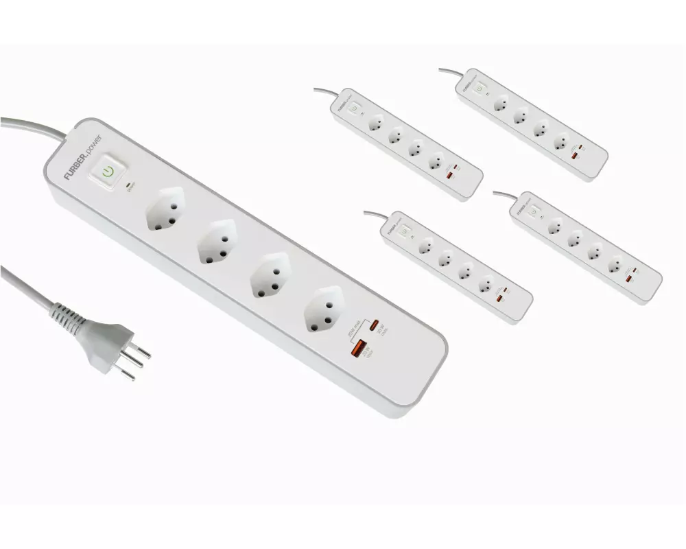FURBER.power Steckdosenleiste 4 x T13, USB-C, USB-A, 5 Stück
