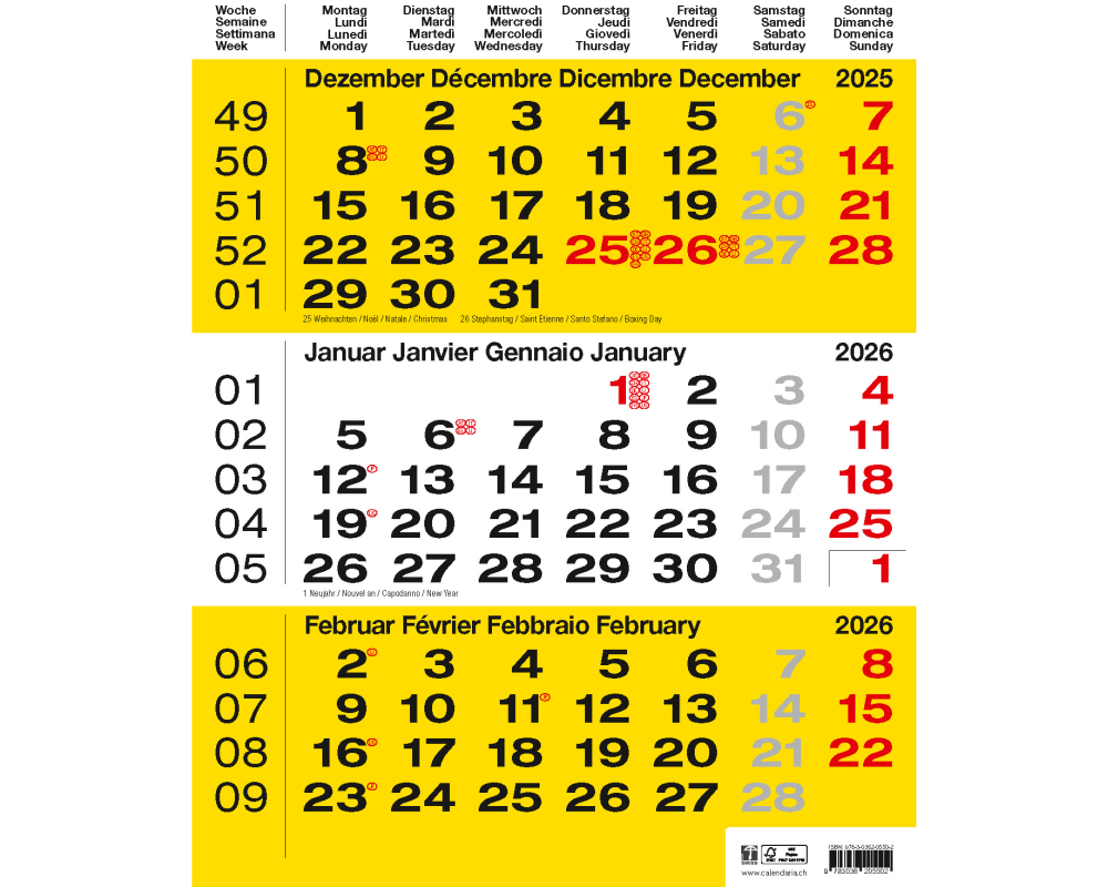 CALENDARIA 3-Monats-Wandkalender 2026 9783036205502 gelb 31x40cm