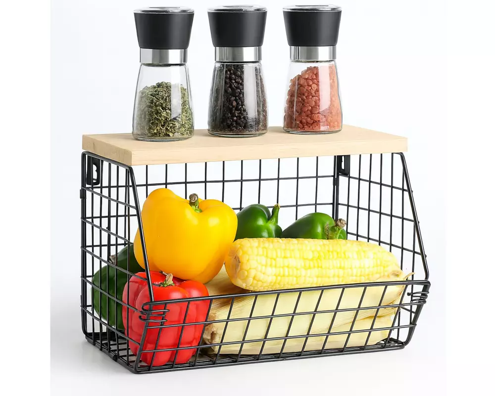 relaxdays Organizer Obstkorb Wandregal 21 x 30 cm Hellbraun/Schwarz