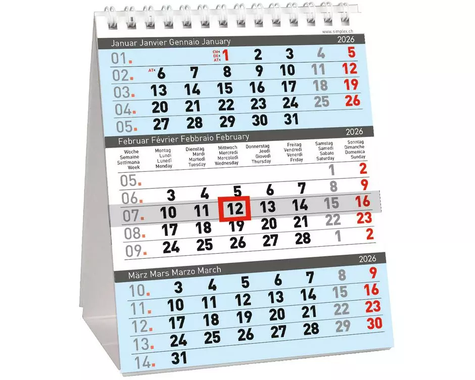 Simplex 3-Monats-Tischaufsteller 2026 12.5 x 15.5 cm
