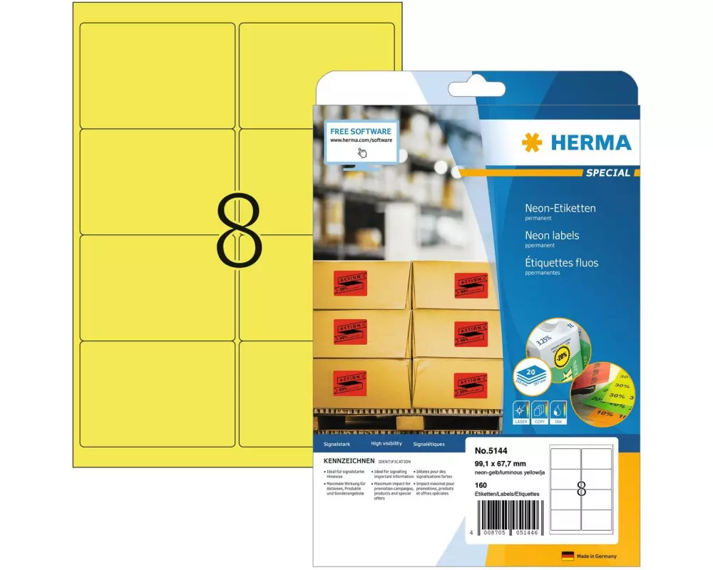 HERMA Universal-Etiketten 9.91 x 6.77 cm, 160 Etiketten, Neon-Gelb