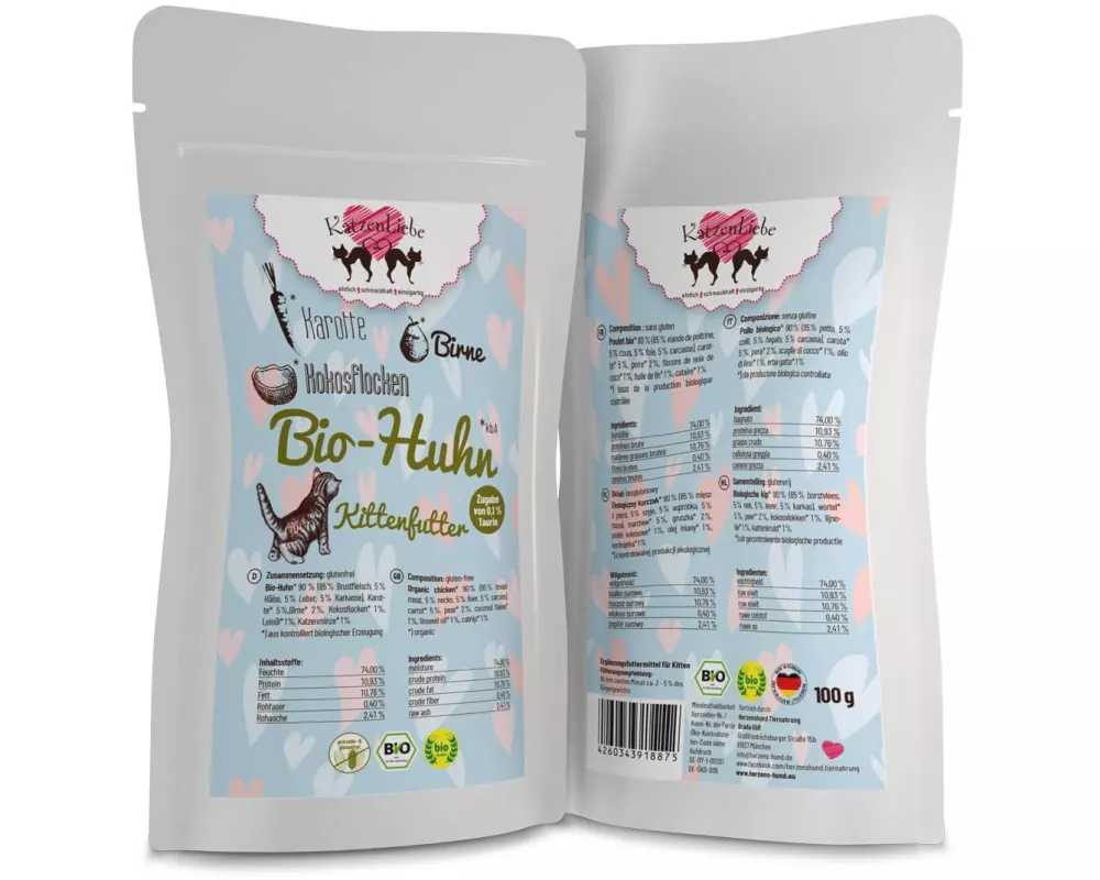 KatzenLiebe Nassfutter Kitten Bio-Huhn mit Bio-Karotte, 100 g