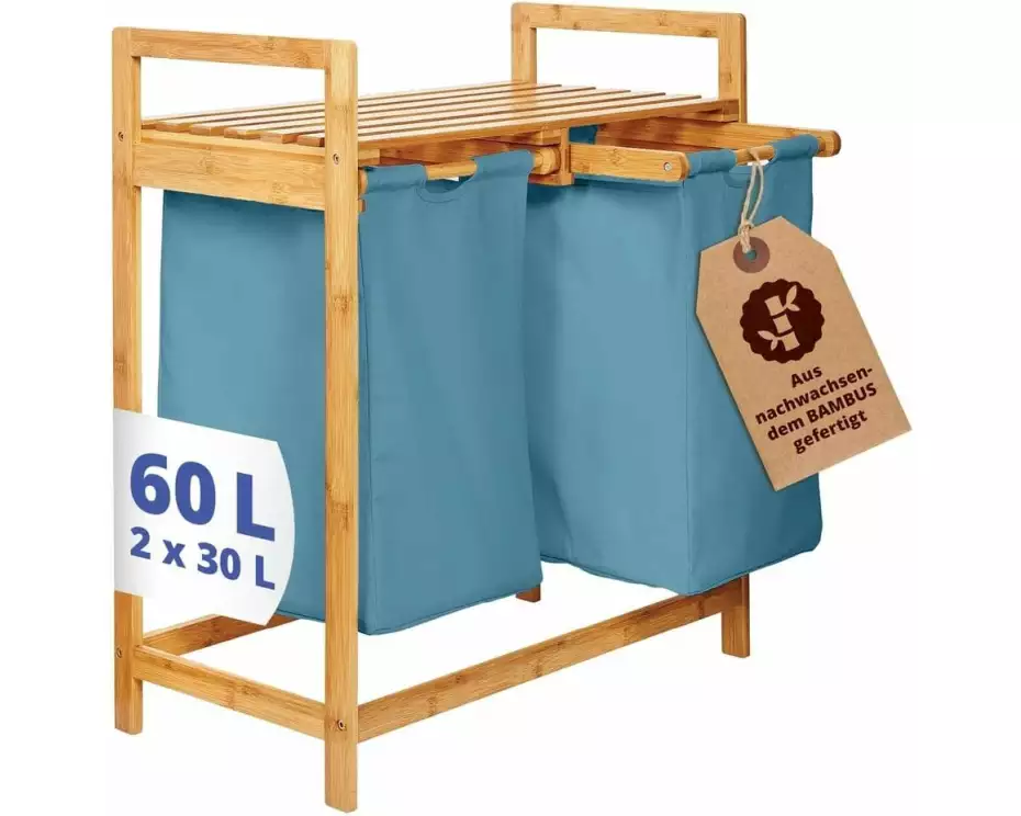 Lumaland Wäschekorb Bambus 60 l, Blau/Braun