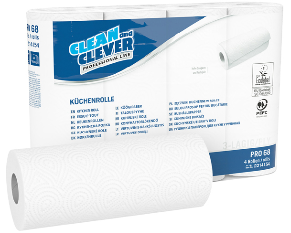 CLEAN AND CLEVER Haushaltrollen 3-lagig 26x23cm P1710 PRO68, hochweiss 32 Rl.,64 Bl.