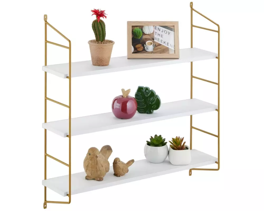 relaxdays Wandregal mit 3 Ablagen 60 cm, Weiss/Gold