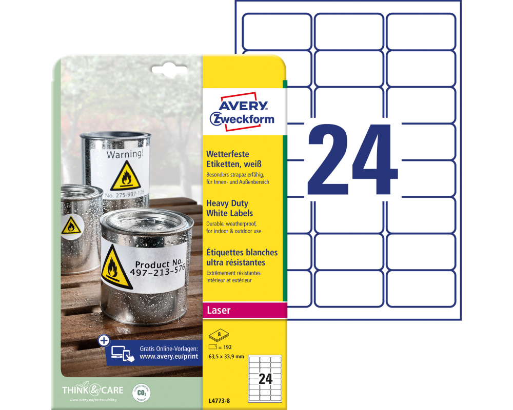 AVERY ZWECKFORM Etiketten Laser 63,5x33,9mm L47738 weiss, wetterfest 8 Blatt